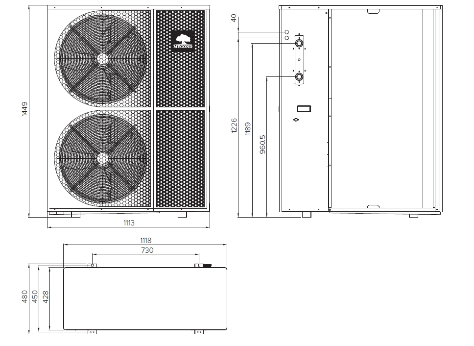 Dimensions and specifications of MyCond BeeThermic outdoor unit.