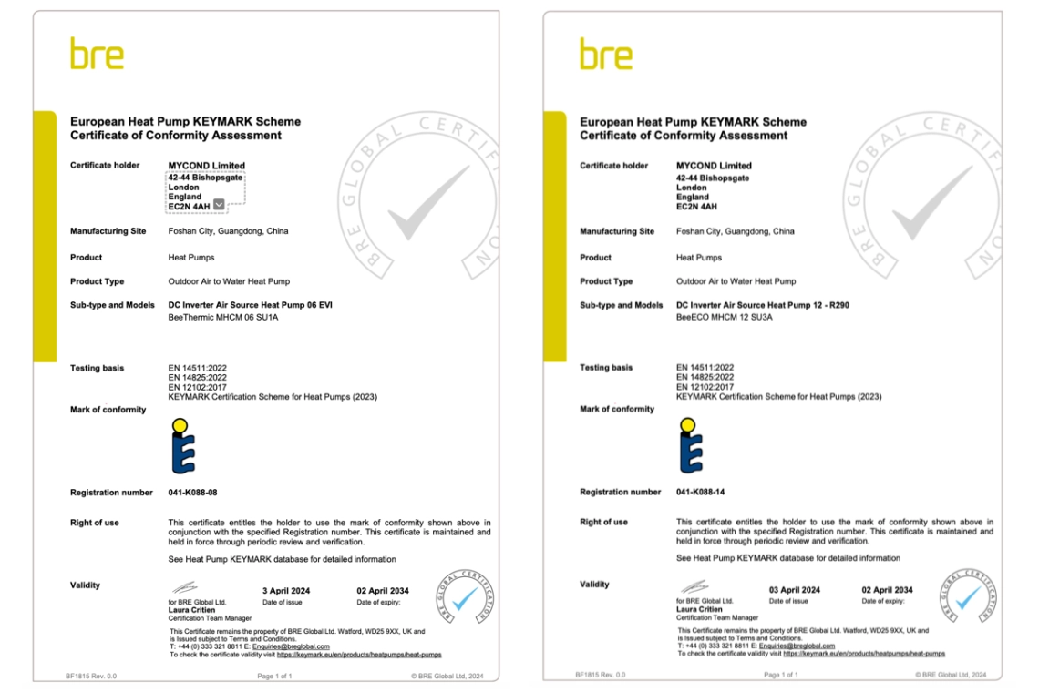 Mycond heat pumps certified by Keymark for efficiency compliance.